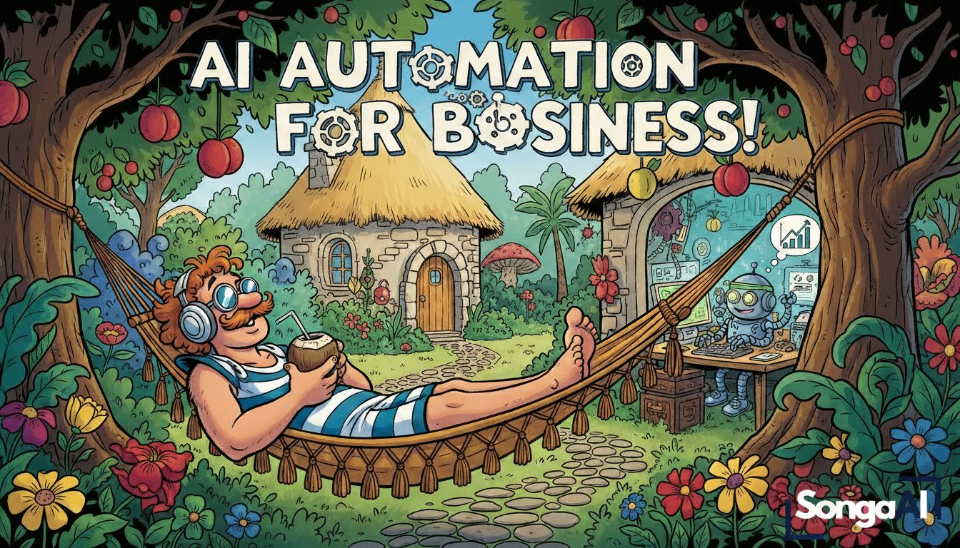 AI automation for business illustration — a relaxed entrepreneur in a hammock with a friendly robot assistant, symbolizing working smarter with AI tools.