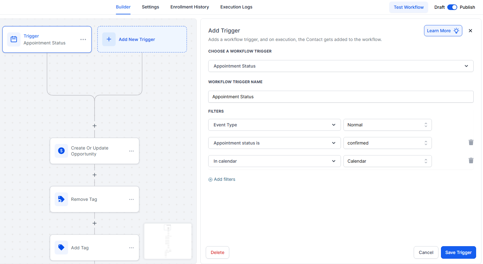 GoHighLevel automated appointment reminders workflow trigger using the Appointment Status event type