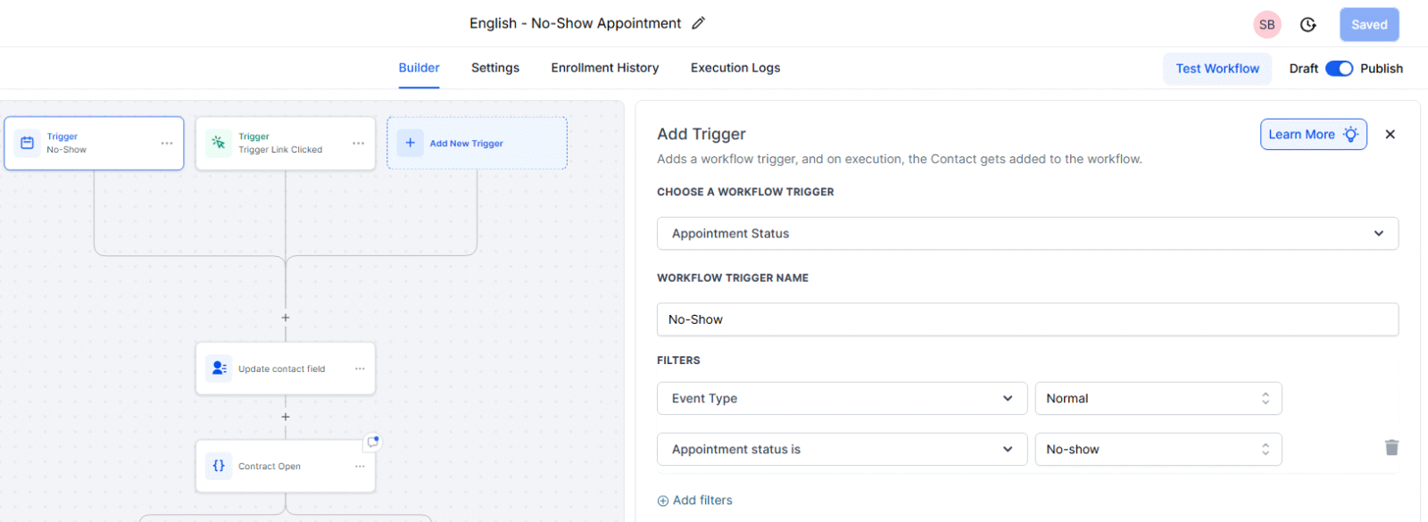 GoHighLevel workflow showing the automated appointment reminder No-Show trigger and follow-up actions